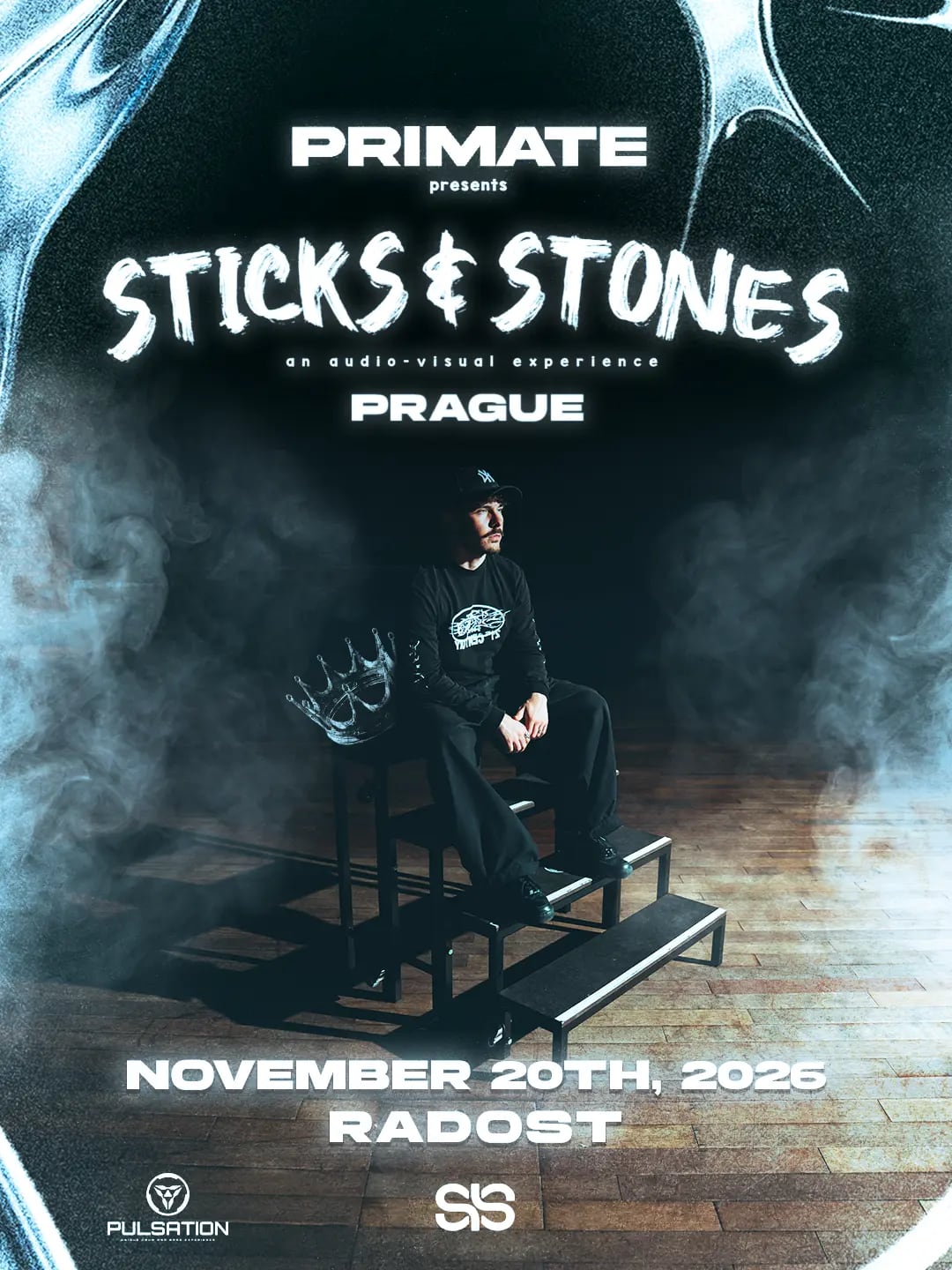 Primate: Sticks & Stones Tour flyer — an audio-visual experience. Radost FX, Prague, 20 November 2026.